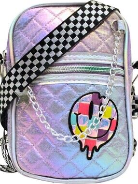 Iridescent Quilted Crossbody Bag with Checker Strap